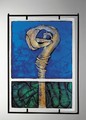 Jana Klímová, Vitráž, 1999 - Malované sklo vkládané do olova, žák. práce z mal. odd., výtvarné vedení Petr Menš, 69 x 50 cm, realizováno na stáži v Rheinbachu.